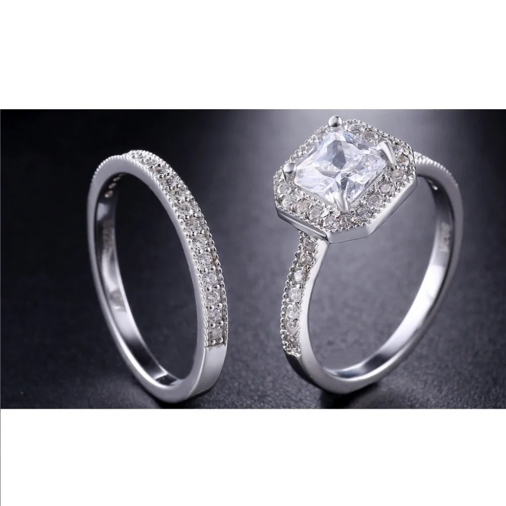 Sterling Silver White Halo Engagement Ring Set with Center Stone